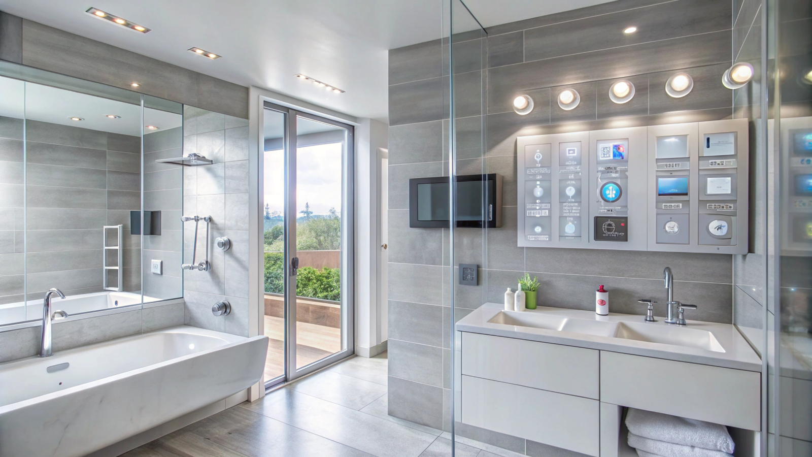 modern bathroom with bathtub double sink vanity smart home technology in dallas